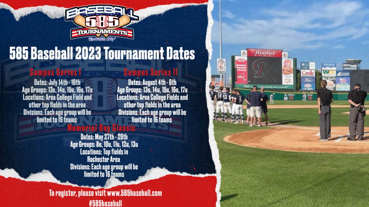 2023 Tournament Registration is officially open! 

Top fields, high end competition, quality umpires, college exposure, relentless social media coverage, post-game interviews, and more! 

Visit the link in our bio for all additional information and to register! 

#585baseball