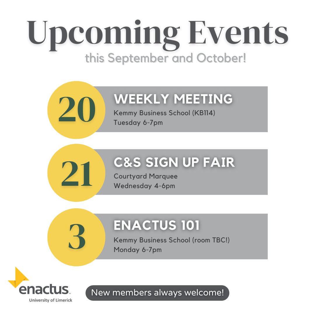 Enactus UL (@ulenactus) on Twitter photo Looking to join a new club or society this semester?
Why not join <a href="/enactusIreland/">Enactus Ireland - Inactive</a> - check out some of the great events we have planned for September and October ๐
New members are always welcome !!
#enactus #kemmybusinessschool <a href="/UL_wolves/">UL Clubs & Socs</a> <a href="/UL_StudentLife/">UL Student Life</a> <a href="/ul_pva/">UL PVA</a> Looking to join a new club or society this semester?
Why not join <a href="/enactusIreland/">Enactus Ireland - Inactive</a> - check out some of the great events we have planned for September and October ๐
New members are always welcome !!
#enactus #kemmybusinessschool <a href="/UL_wolves/">UL Clubs & Socs</a> <a href="/UL_StudentLife/">UL Student Life</a> <a href="/ul_pva/">UL PVA</a>