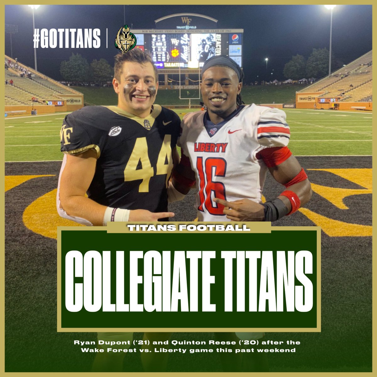 It's always awesome seeing our Titans compete at the next level, but it is extra special when they get to reunite with former teammates on the field. Ryan Dupont and Quinton Reese found each other after the WF/Liberty game.  Once a Titan, Always a Titan.