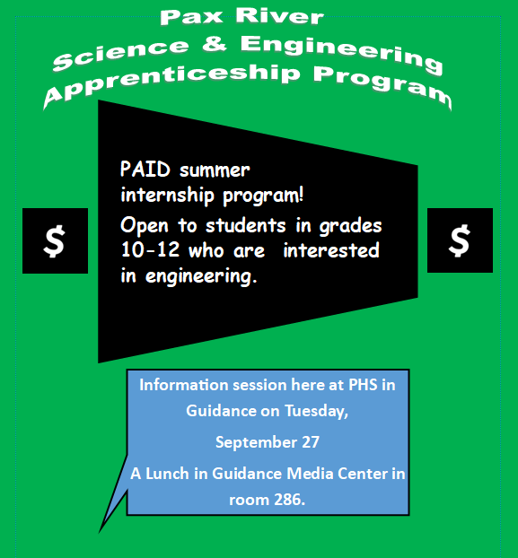 The Science &amp; Engineering Apprenticeship Program (SEAP) is now accepting applications! This is a paid 8 week summer internship at Pax River Naval Base. PHS is hosting an information session for SEAP on 9/27. This is a great opportunity for anyone who is interested in applying!