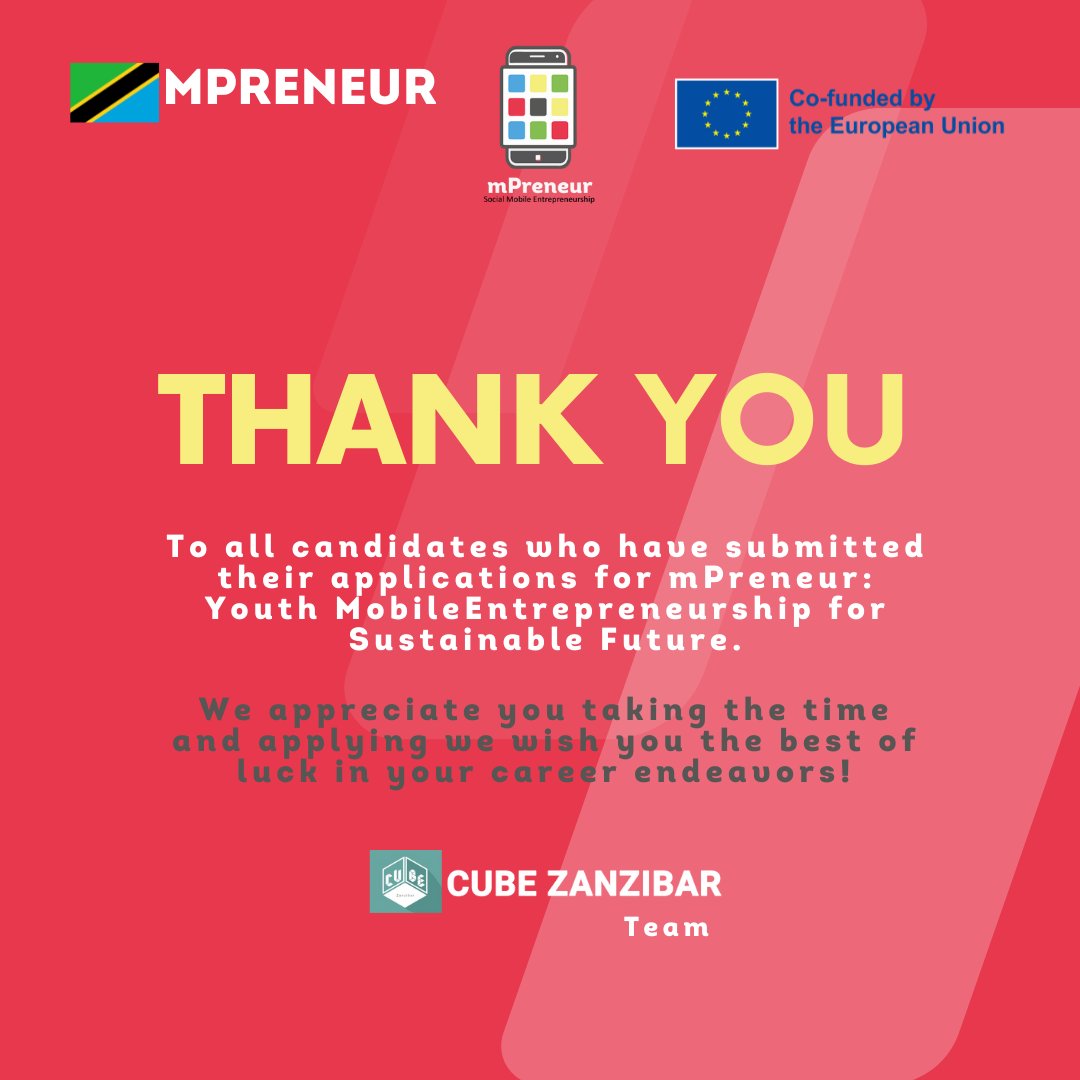 CubeZanzibar's tweet photo. We would like to thank all candidates who have submitted their applications for #mPreneur: Youth MobileEntrepreneurship for Sustainable Future
Stay tuned, more to come! ;0
#mpreneur #socialmobileapp #sustainablefuture #socialimpact #youngentrepreneurs #nationalcamp #erasmus+ https://t.co/zemlmbGSor
