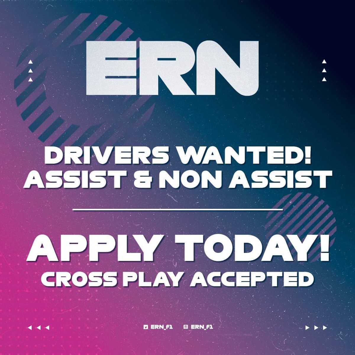 Important stuff here

ERN is looking for more drivers to join the league

No assists on mondays just before WOR, assist divisions mon-thu

Dm myself or reply to this tweet if you're interested💪

Ps.

As you can see, crossplay ✅️

So PS, XB or PC, you're welcome!