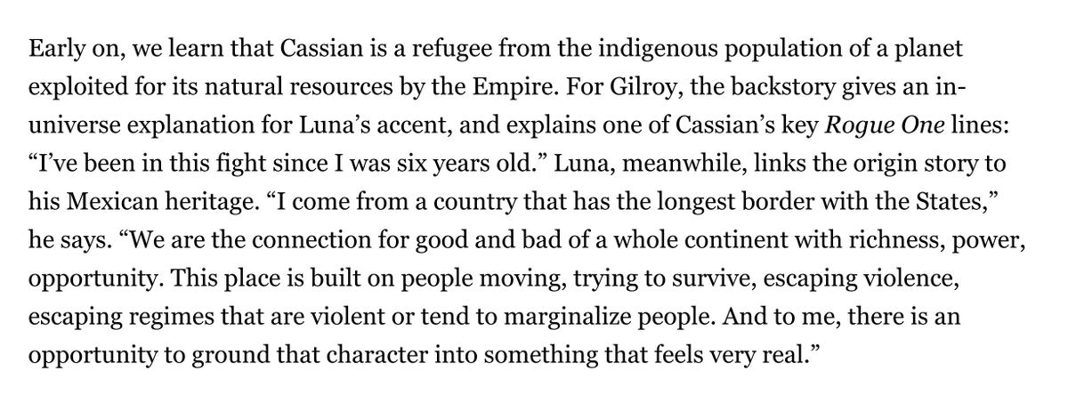 RollingStone's tweet photo. In #Andor, we learn that Cassian is a refugee from an indigenous planet exploited for its resources by the Empire.

For showrunner Gilroy, the backstory gives an in-universe explanation for Luna’s accent &amp; explains one of character's key 'Rogue One' lines. https://t.co/M0XDaakpGJ https://t.co/d85kSf2Ygl