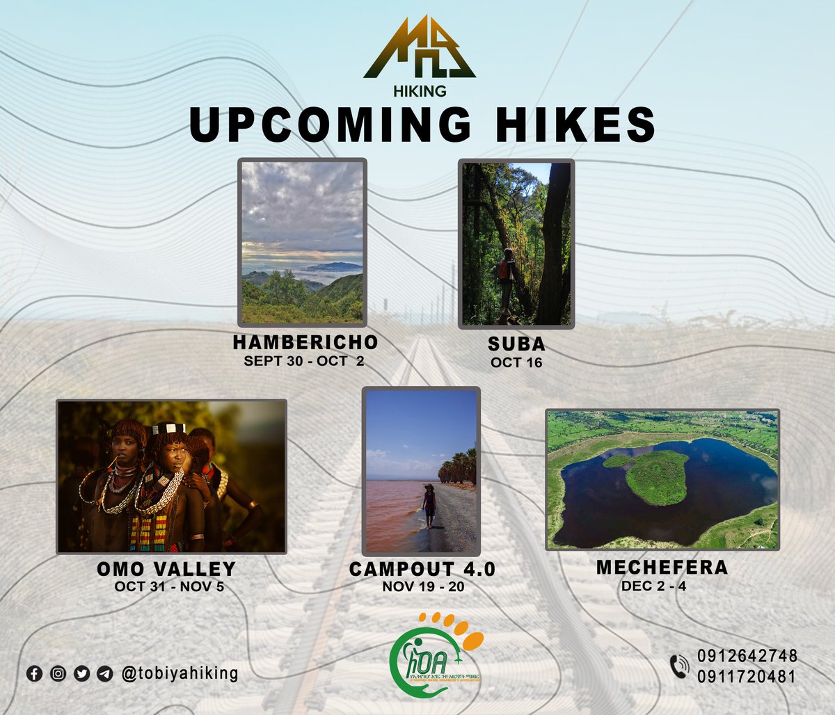 Our upcoming adventures  

• Hambericho -> Sept 31 - Oct 2
 
• Suba Forest -> Oct 16

• Omo Valley -> Oct 31- Nov 5

• Campout 4.0 ->  Nov 19 - 20

• Mechefera -> Dec 2 - 4

details about the next hike will be posted tomorrow
 #tobiyahiking