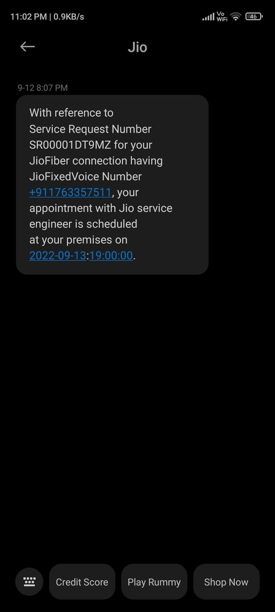 SandyRa71162146's tweet photo. This is about jio fiber service. I taise a complain on 11th September regarding my jio fiber box not working ,raising complaint on daily basis to solve my issue but no response from #jiofiber till now. But my complaint is resolving automatically no visit at home by any jio agent. https://t.co/MFh59hZnNZ