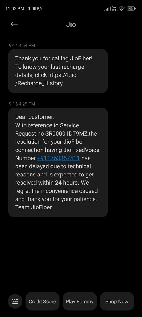 SandyRa71162146's tweet photo. This is about jio fiber service. I taise a complain on 11th September regarding my jio fiber box not working ,raising complaint on daily basis to solve my issue but no response from #jiofiber till now. But my complaint is resolving automatically no visit at home by any jio agent. https://t.co/MFh59hZnNZ