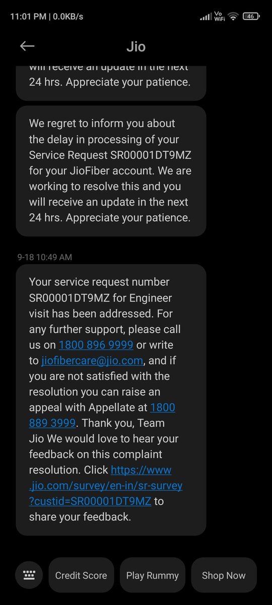 SandyRa71162146's tweet photo. This is about jio fiber service. I taise a complain on 11th September regarding my jio fiber box not working ,raising complaint on daily basis to solve my issue but no response from #jiofiber till now. But my complaint is resolving automatically no visit at home by any jio agent. https://t.co/MFh59hZnNZ