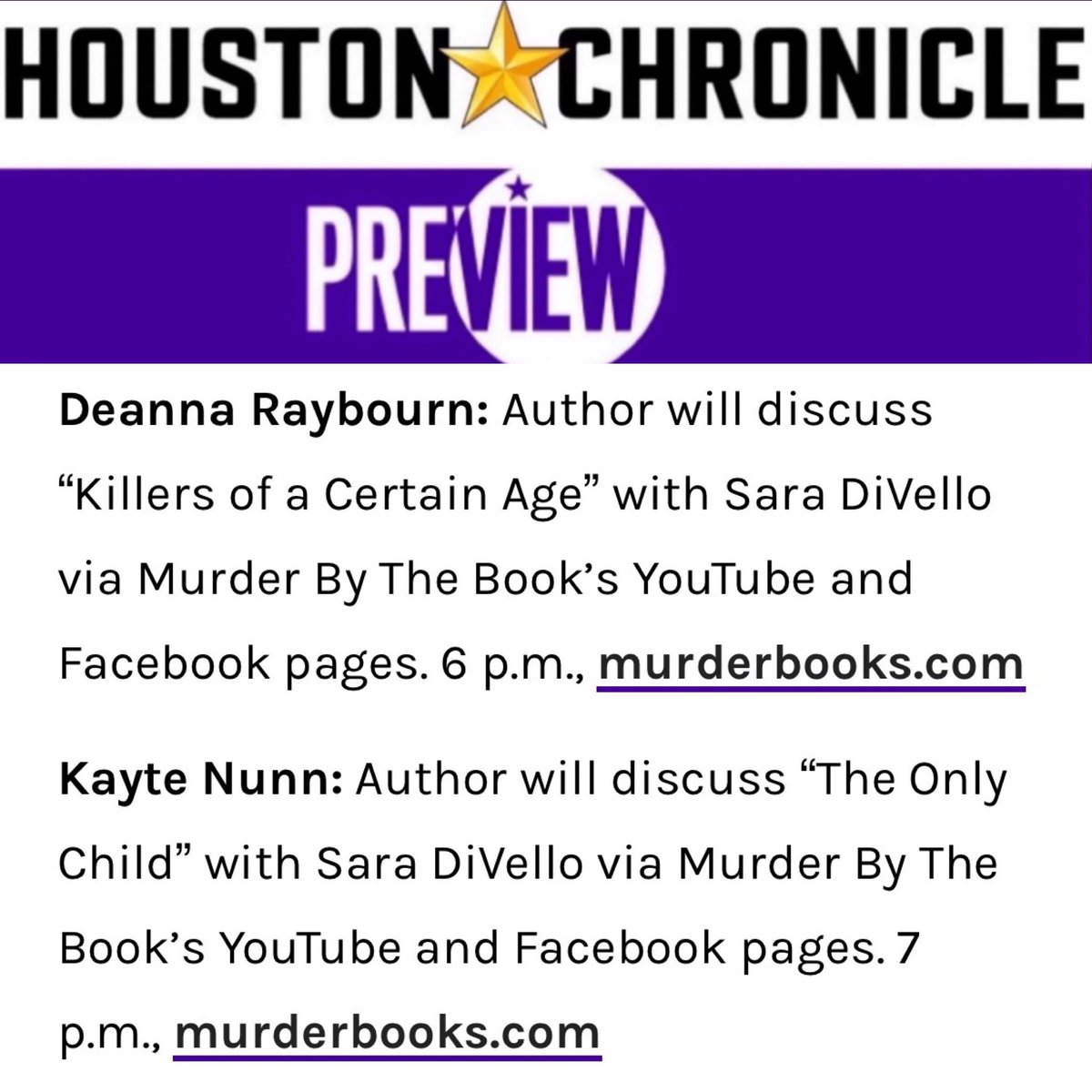 SaraDiVello's tweet photo. So excited to see our events TONIGHT featured in the @HoustonChron @PreviewNow! 🤩@deannaraybourn (6pm CT/7pm ET) and @KayteNunn (7pm CT/8pm ET) spill the (iced!) tea about their new books live w/ my #partnerincrime 
@murderbooks on FB &amp; YT! https://t.co/cFU6LcJkfR https://t.co/uTFAQrDPN6