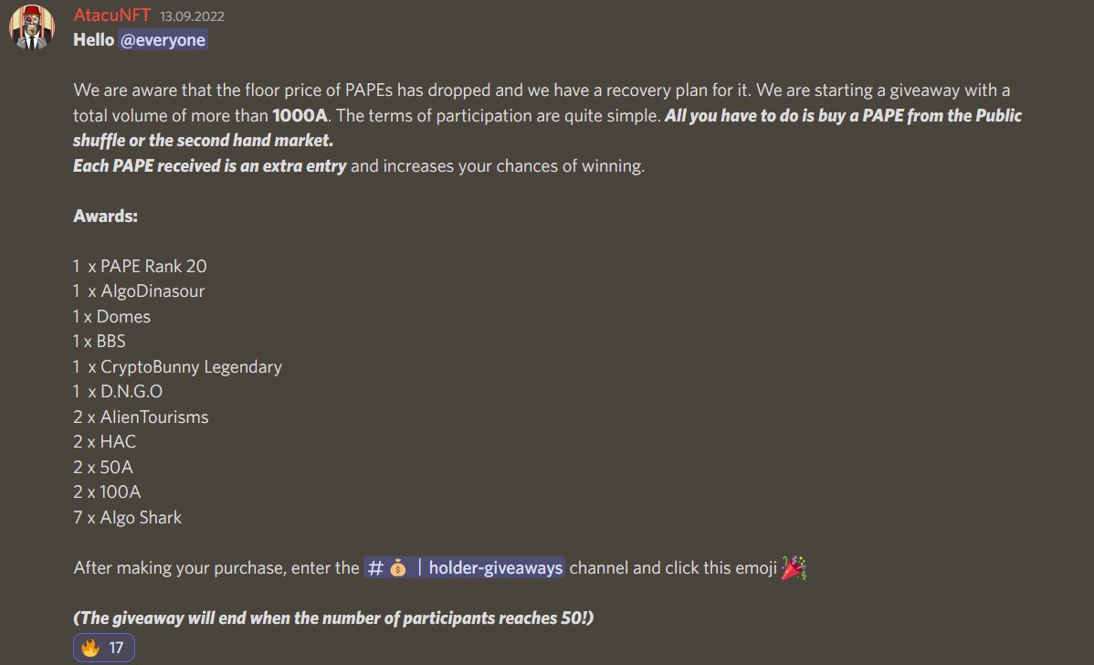 We are holding a special giveaway for PAPE holders! We are distributing NFTs whose total value exceeds 1000 Algos! All you need to have is a PAPE! #algofam #freeape #AlgoNFTs
