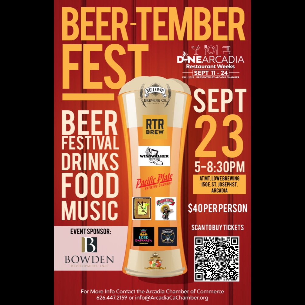 DineArcadia's tweet photo. Dine Arcadia’s Beer-Tember Fest on 9/23 at @mtlowebrewing , featuring beers from Mt Lowe, @Wingwalkerbeer , @Pacific_Plate &amp; RT Brew, margaritas from Max’s &amp; @CabrerasMexican , wine from D'Aquino, empanadas from @lordempanadaLA , &amp; CoachesBBQ. 

Tickets:  https://t.co/sCaTV6C5Ae https://t.co/xMUeCQZtil