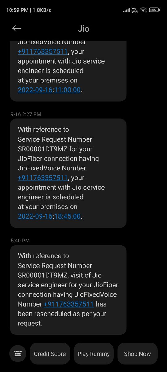 SandyRa71162146's tweet photo. But getting messages to rate there service regarding resolving my request. My appointment for complaint is getting auto scheduled without informing me. It is been 9 days till now I am raising complaint for jio fiber. #jiofiber #jio #jiofibercare https://t.co/Qbp69seMDm