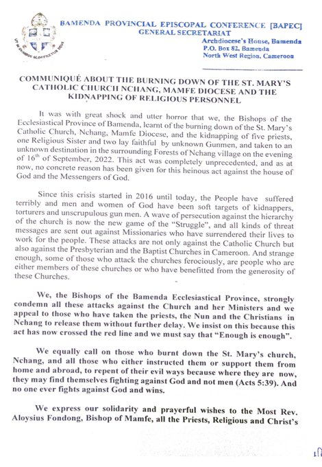ACNMex's tweet image. 🇨🇲Desde ayer se encuentran secuestrados en   #Camerun:  
5️⃣ sacerdotes
1️⃣ religiosa
2️⃣ laicos 
👇Así lo han comunicado los obispos de la Provincia Eclesiástica de Bamenda.
Unidos en oración por la pronta liberación de todos 🙏