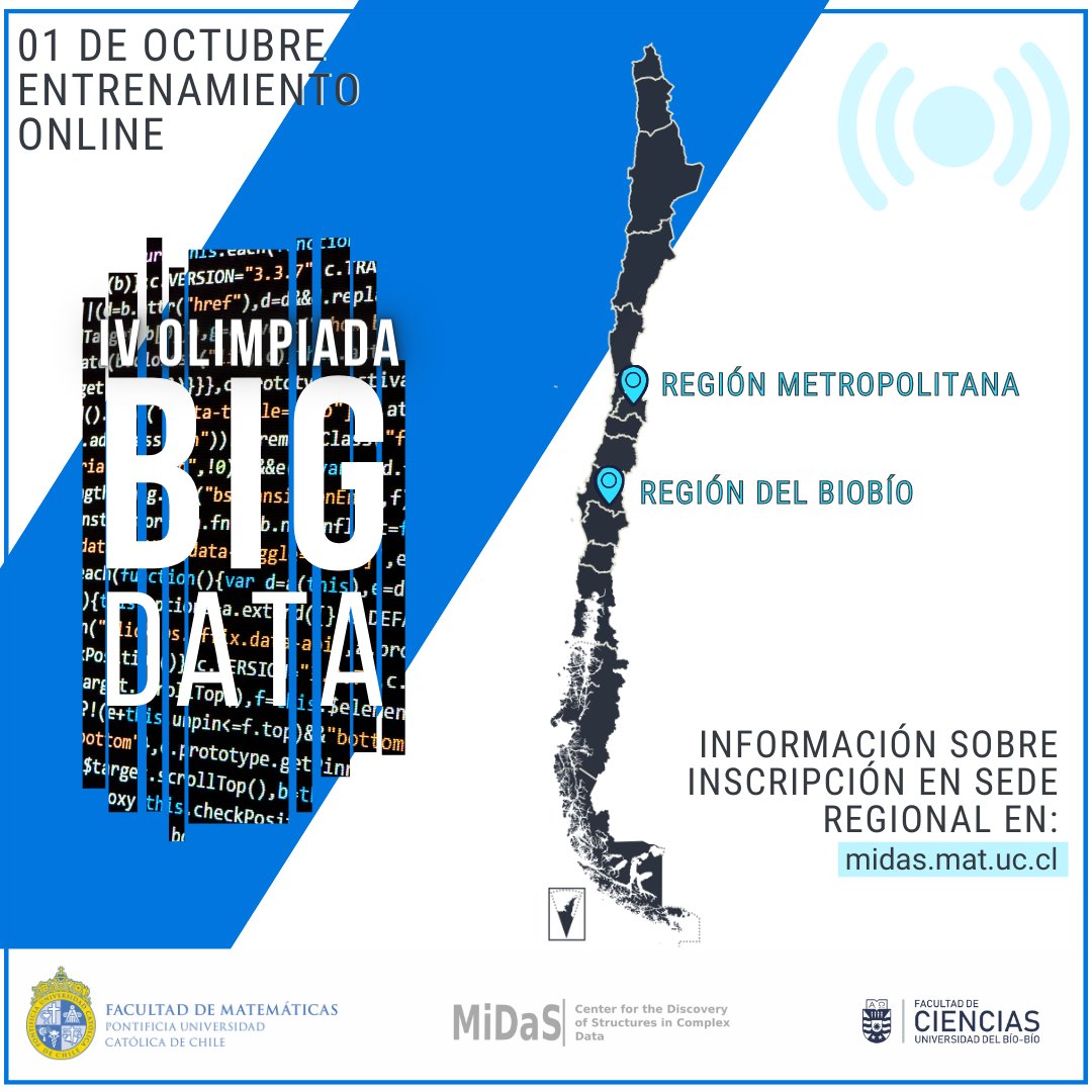 MiDaS_Chile's tweet photo. #OLIMPIADABIGDATA 
El 1 de octubre tendremos 2 eventos regionales de preparación para la preselección, en la Universidad del Bío-Bío y en la UC. Serán transmitidos en línea y son exclusivos para inscritos competencia ¡Aún puedes inscribir a tu equipo hasta el 23 de septiembre!!! https://t.co/on2yp4vxKi