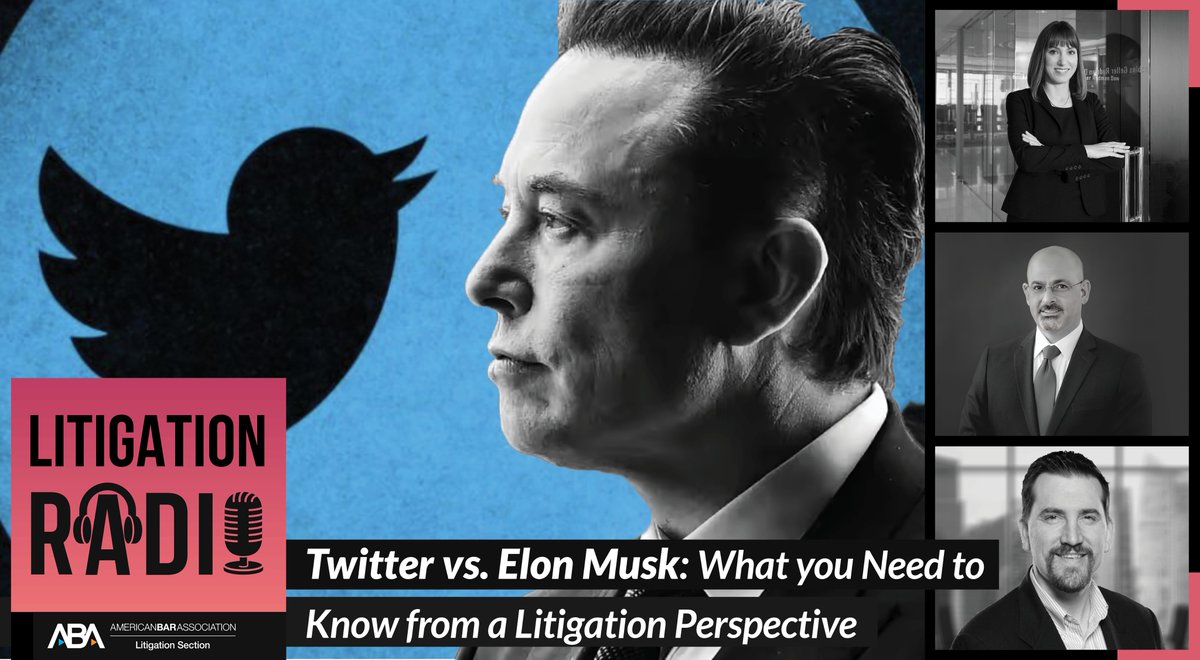 ABALitigation's tweet photo. On the latest episode of #LitigationRadio, learn from securities attorneys how to manage media coverage and strategy in high-profile cases, like Elon Musk’s battle with Twitter. https://t.co/FUPdLBJbNB https://t.co/2GhQJoJfkJ