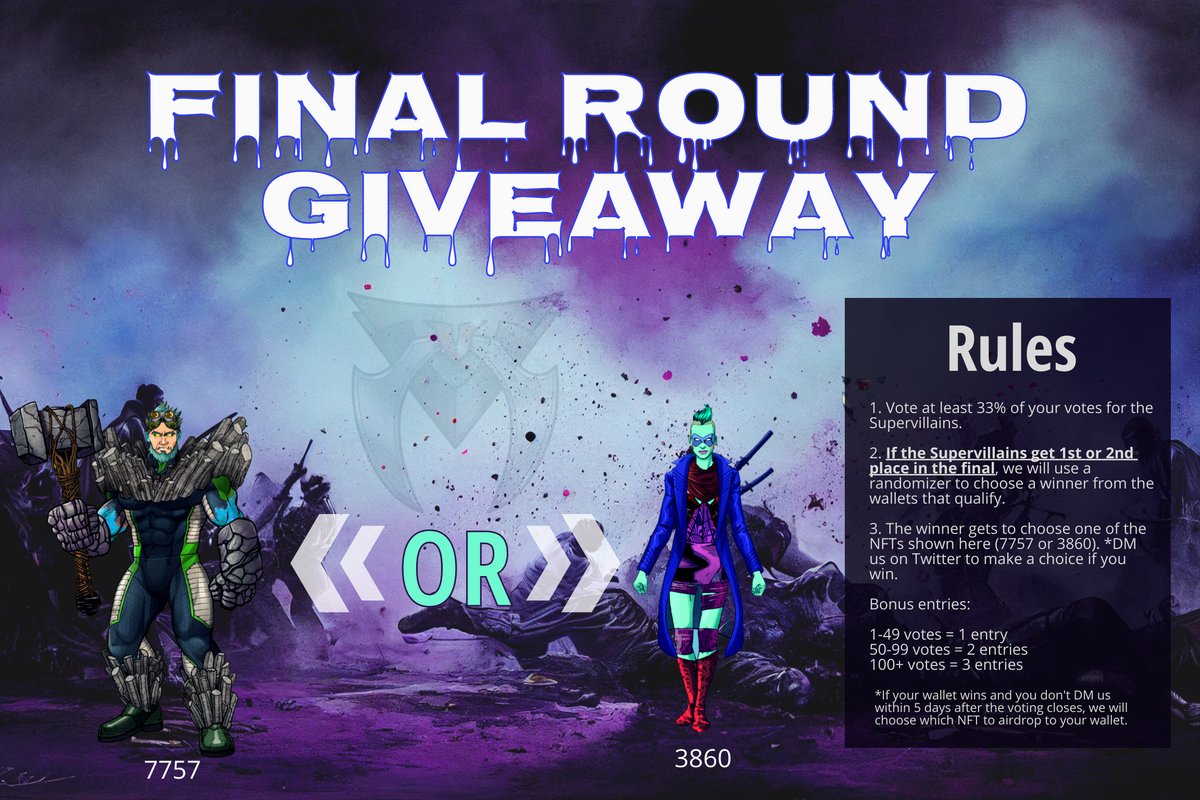 Giveaway time!  If we get 1st or 2nd, we're giving away a Supervillain!

All you have to do is give us at least 33% of your votes in the final round to enter.

Vote here:

snapshot.org/#/kumitenft.et…

<a href="/kumitenft/">Kumite NFT</a>
