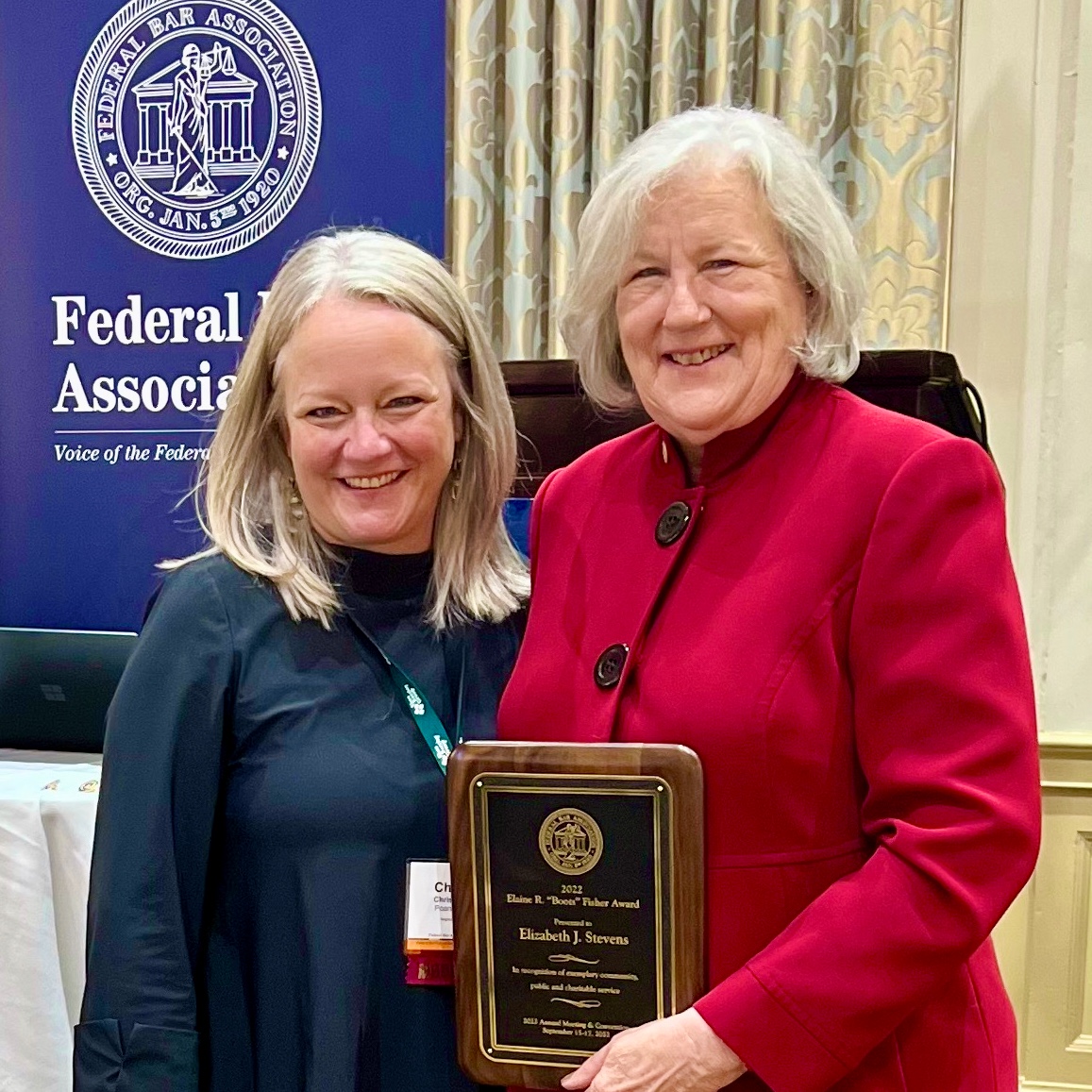 PoarchLaw's tweet photo. Congratulations to Poarch Thompson Law attorney Elizabeth “Betty” Stevens, recipient of the Federal Bar Association’s Elaine R. “Boots” Fisher Award, which recognizes exemplary community, public and charitable service by a member of the FBA. https://t.co/NKkpPjDIuL