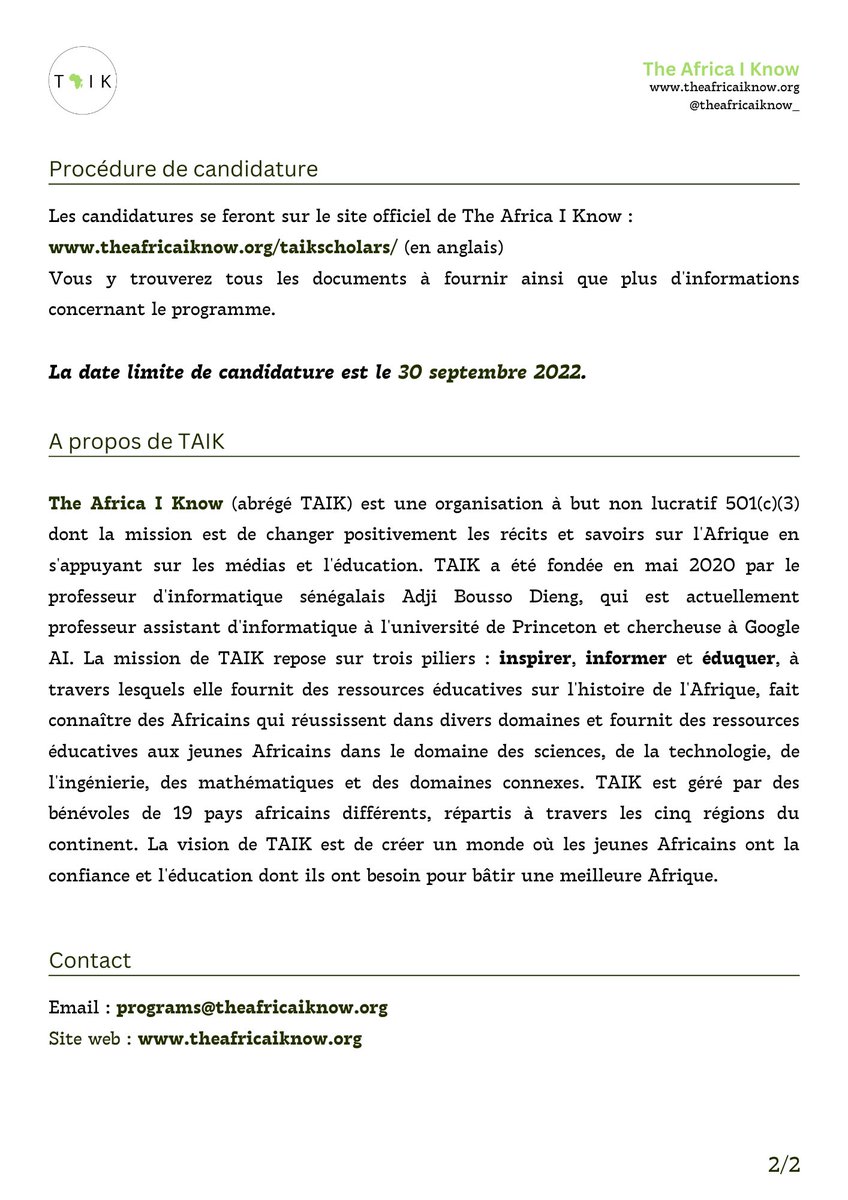 Nous sommes ravis de partager l'appel à candidature pour le TAIK Scholars Program🎓

Deadline : 30 septembre. 
🖇️: theafricaiknow.org/taikscholars

Nous cherchons des élèves africains en dernière année de lycée. Merci de partager 💚 #TAIKScholars #TAIKeducates