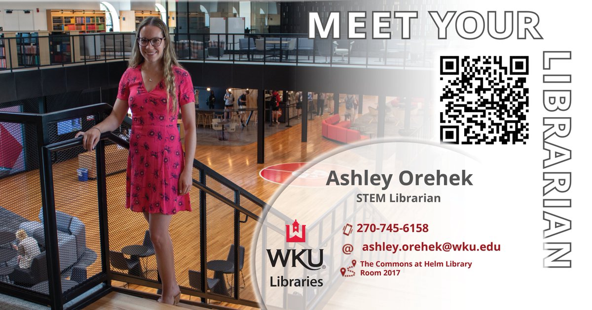 Meet Ashley! Ashley is our STEM librarian and serves Ogden College. If you need help with research in the sciences she is the person to call.  Schedule an appt. now: libguides.wku.edu/prf.php?accoun…
 <a href="/wkuogden/">WKU Ogden College</a> #WKU #wkulibraries #PeopleofWKU