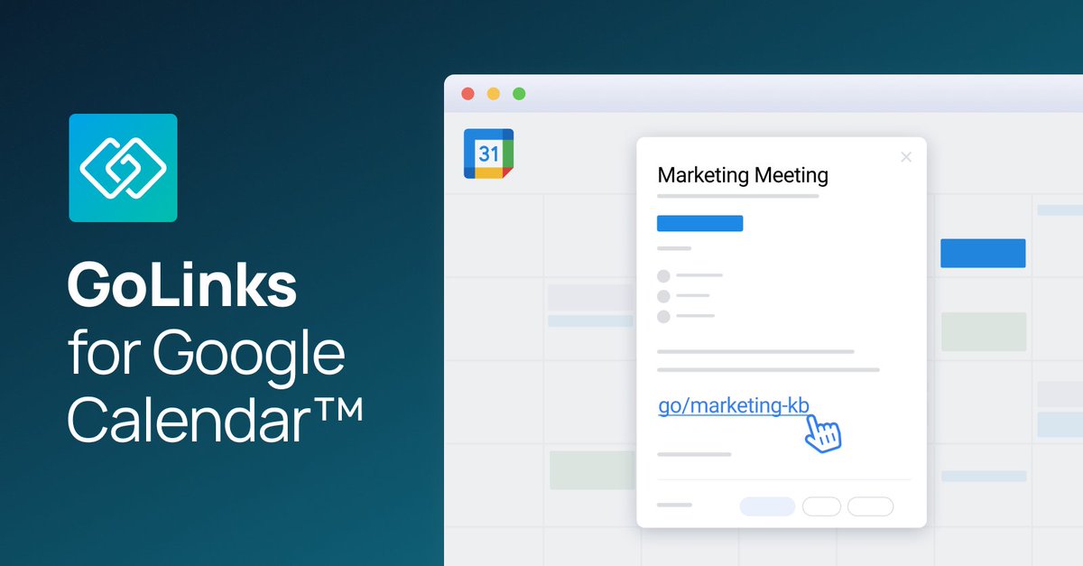 GoLinks's tweet photo. Wish you could click on your go links in your #Google Calendar? 😢 Wish granted!✨🥳
Insert clickable go links into event descriptions for ease of access for all! Install the add-on now! Your coworkers will thank you for this! 👏https://t.co/Hpsf2DYib5
#golinks #googlecal https://t.co/RUY0wnq7MF