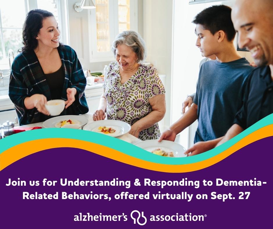 alzdayton's tweet photo. There's still time to register for Understanding &amp; Responding to Dementia-Related Behaviors, a free virtual education program being held from 6-7 p.m. on Tuesday, Sept. 27. This program will be offered via Zoom; register by calling our 24/7 Helpline at 800.272.3900. #ENDALZ https://t.co/mKOS3RHyn4