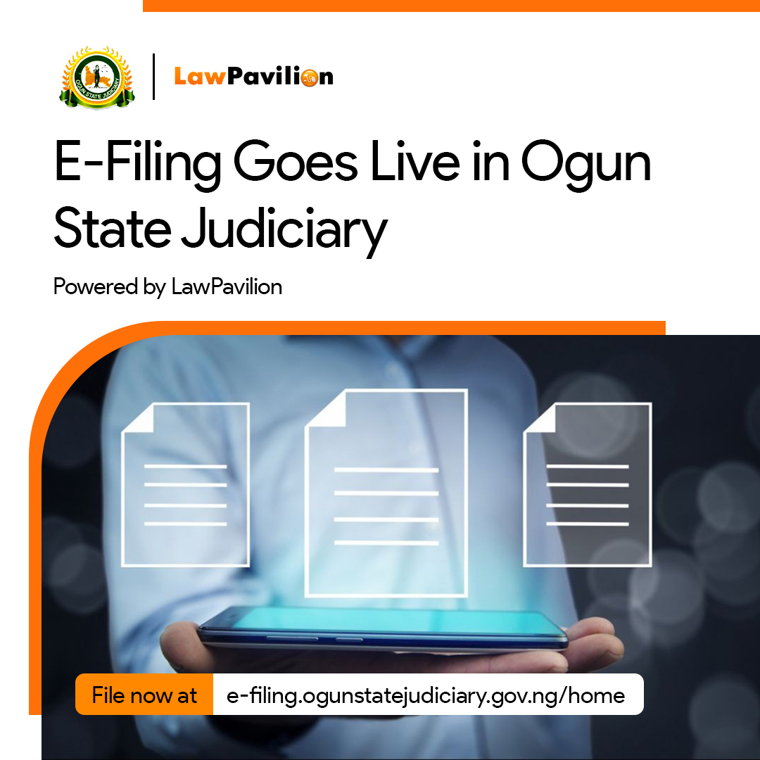 LawPavilion's tweet photo. E-Filing goes live in Ogun State Judiciary!
Now you can file all your #courtprocesses from the comfort of your home or chamber
Go to https://t.co/MFpyK2PiVj to enjoy an efficient end-to-end filing #process using E-Registry, powered by #LawPavilion
#eregistry #filing #efiling https://t.co/M089iziqzp