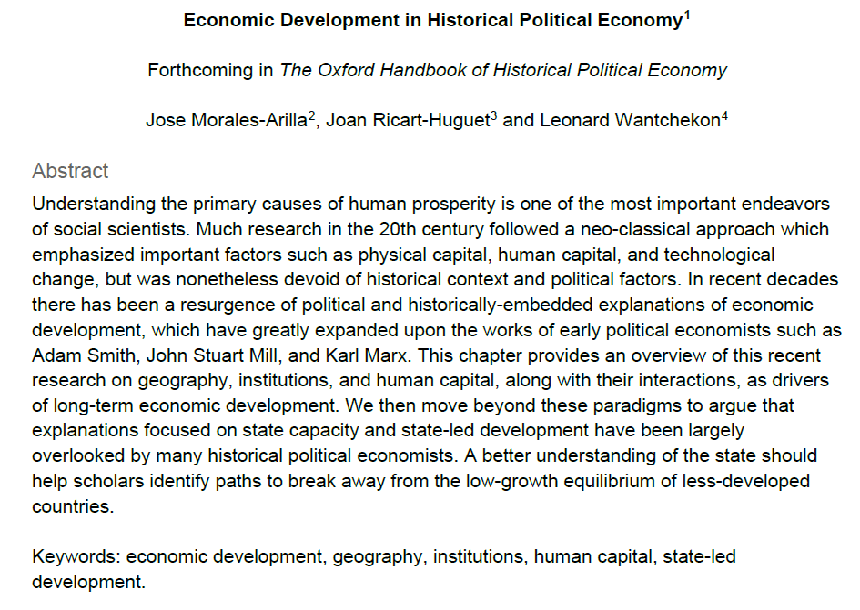 ricarthuguet's tweet photo. New book chapter: causes of economic development from the lens of historical political economy. Forthcoming in the Oxford's Handbook of HPE with @JoseMoralesA @lwantchekon, ed. @jaj7d @jaredcrubin Final preprint: https://t.co/NE8qc4psbz https://t.co/58lbMqUZRk