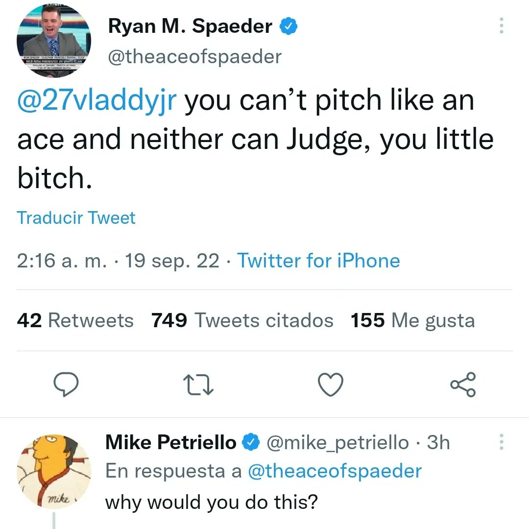 hgomez27's tweet photo. Una falta de respeto de @theaceofspaeder hacia @27vladdyjr al decirle:

"Tú no puedes lanzar como un as y tampoco Judge, pequeña perra". https://t.co/5coorXKajZ