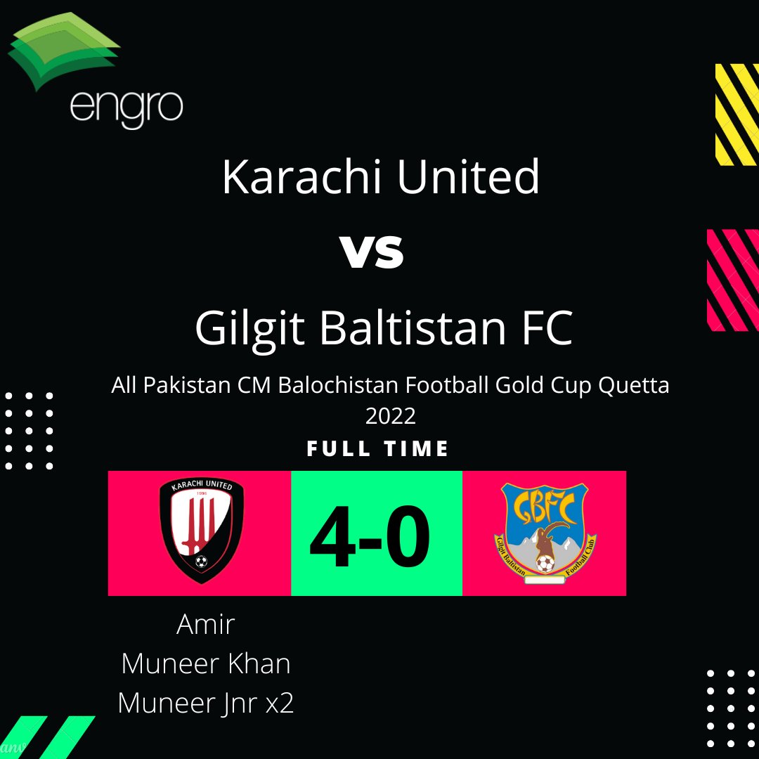 karachiunitedfc's tweet photo. Karachi United kicked off the CM Gold Cup with a convincing 4-0 victory against Gilgit Baltistan. We raced onto a 3-0 lead by HT with goals from Amir, Muneer Khan, and Muneer Jnr before Muneer Jnr added another after HT to complete a 4-0 victory.

#karachiunited #karachiisunited https://t.co/6igUO4ABbW