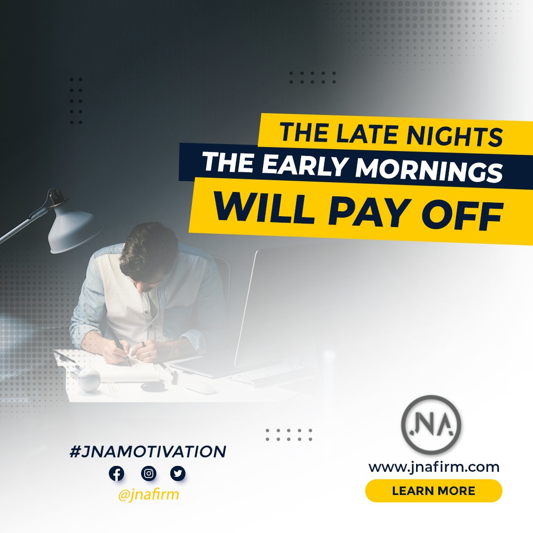 JnaFirm's tweet photo. The late nights, the early mornings, WILL PAY OFF! - Business consulting, bookkeeping, tax prep and more. Book your free consultation - https://t.co/D8LWSUmRJ3.
#business #jnafirm #consulting #motivated #jnamotivation #motivational #earlymornings #latenights #willpayoff https://t.co/yapNg2o56S
