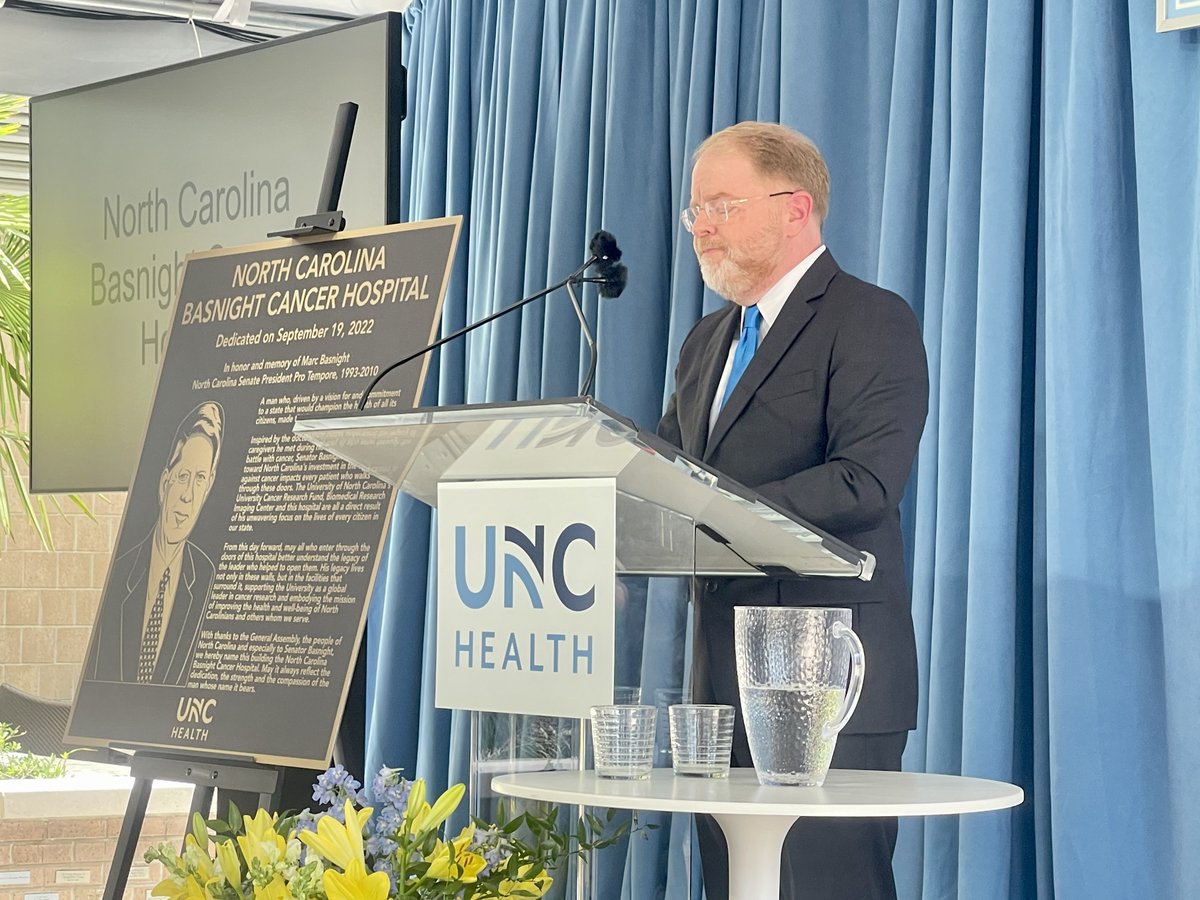 UNC_Health_Care's tweet photo. "I would not be here today doing a job that I love...if it wasn't for #MarcBasnight," said #UNC System President Peter Hans during remarks at the North Carolina Basnight Cancer Hospital renaming ceremony at UNC Hospitals in #ChapelHill. #cancer https://t.co/FC9KV4PLAp