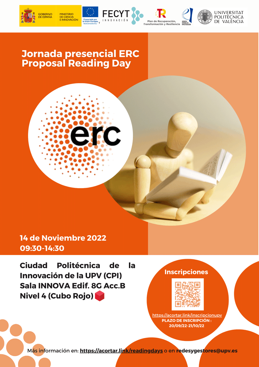 SGI_UPV's tweet photo. ¿Necesitas ayuda o ideas para realizar tu propuesta de proyecto ERC? 👇

📢Jornada ERC Proposal Reading Day @ERC_Research organizada por @FECYT_Ciencia
📅14 de noviembre 03:30-14:30
🗺️Sala Innova @CPInnovacion @UPV (Cubo rojo🟥)

Inscripciones en: https://t.co/cRiGCD3V9I https://t.co/JxtRGLQsS6