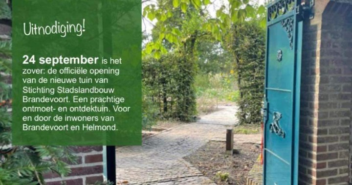 Kom je aankomende zaterdag een kijkje nemen op de nieuwe plek van de Buurttuin Brandevoort? 

Zat 24 sept organiseert Buurttuin Brandevoort: Diepenbroek 8, de burendag tussen 11.00 en 14.00 en het is ook de officiële opening! Het is er werkelijk prachtig. Laat je verrassen!