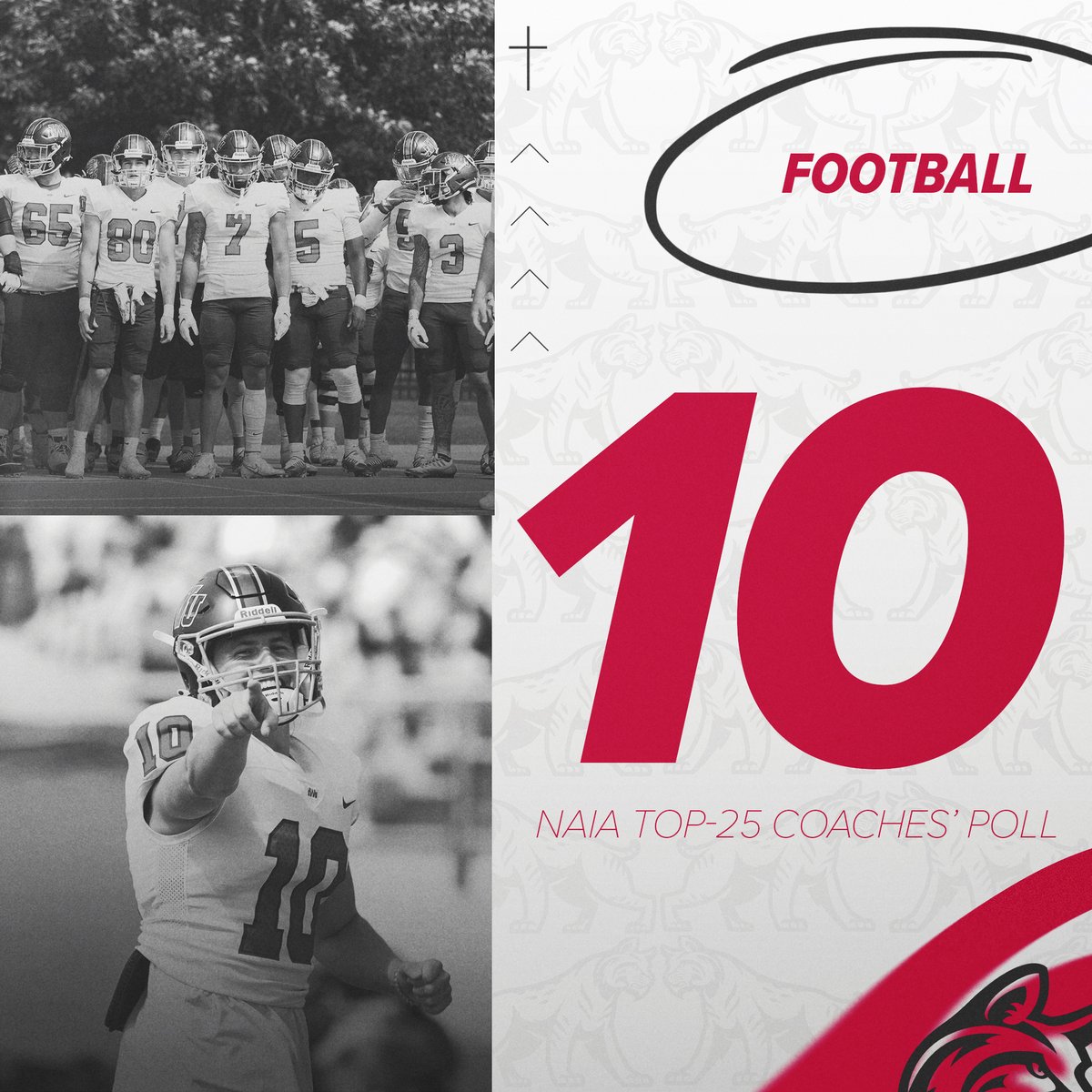 IWUWildcats's tweet photo. 🔥 TOP 10 🔥

@IndWesleyan_FB jumps up 3 spots to No. 10 in the latest NAIA Coaches' Top 25 Poll presented by FirstDown PlayBook!

📰 https://t.co/ESFFbNwXAh https://t.co/L3aDVxn3bw