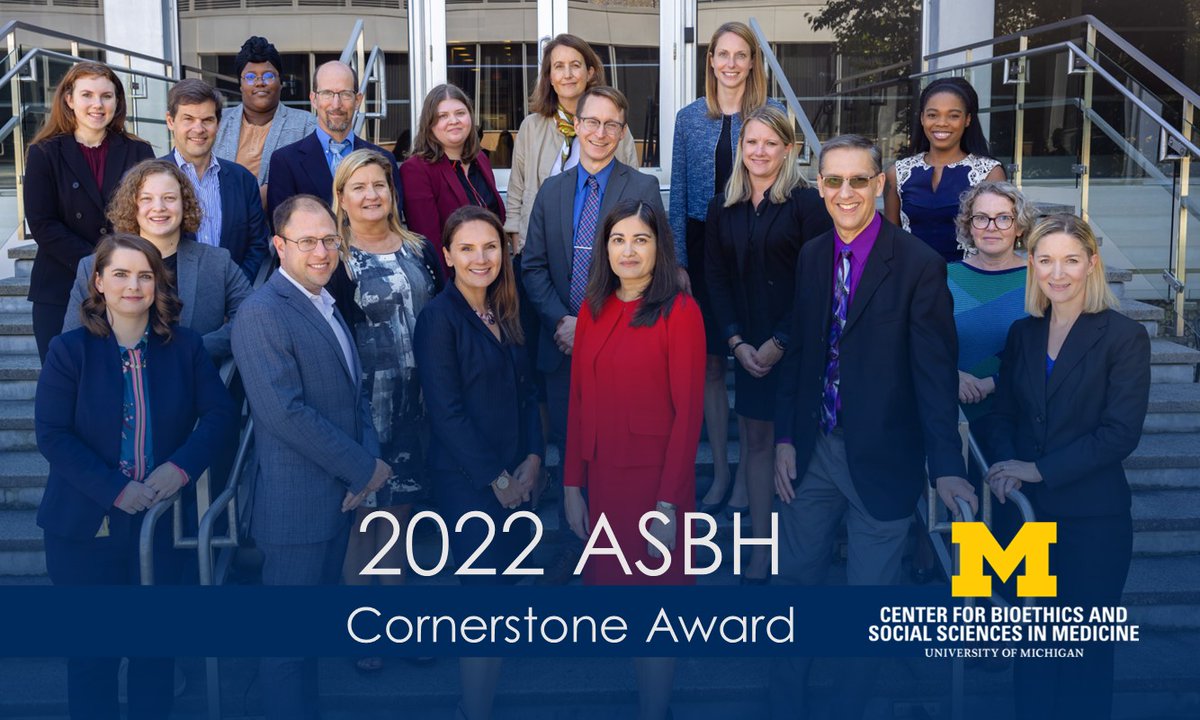 Center for Bioethics & Social Sciences in Medicine (@cbssm) on Twitter photo Excited to share we received the <a href="/AmerSocBioHum/">ASBH</a> 2022 Cornerstone Award to recognize "outstanding enduring contributions" to bioethics.
Congrats Director <a href="/reshmajagsi/">Reshma Jagsi</a>, Associate Dirs <a href="/KayteSB/">Kayte Spector-Bagdady</a> <a href="/bzikmundfisher/">Brian Zikmund-Fisher</a>, and all the amazing members of our community! <a href="/UM_IHPI/">U-M IHPI</a> <a href="/umichmedicine/">Michigan Medicine</a> Excited to share we received the <a href="/AmerSocBioHum/">ASBH</a> 2022 Cornerstone Award to recognize "outstanding enduring contributions" to bioethics.
Congrats Director <a href="/reshmajagsi/">Reshma Jagsi</a>, Associate Dirs <a href="/KayteSB/">Kayte Spector-Bagdady</a> <a href="/bzikmundfisher/">Brian Zikmund-Fisher</a>, and all the amazing members of our community! <a href="/UM_IHPI/">U-M IHPI</a> <a href="/umichmedicine/">Michigan Medicine</a>