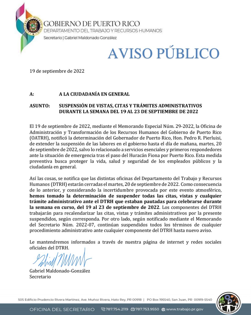 🟠[Aviso Público] Suspensión de vistas, citas y trámites administrativos durante la semana del 19 al 23 de septiembre de 2022