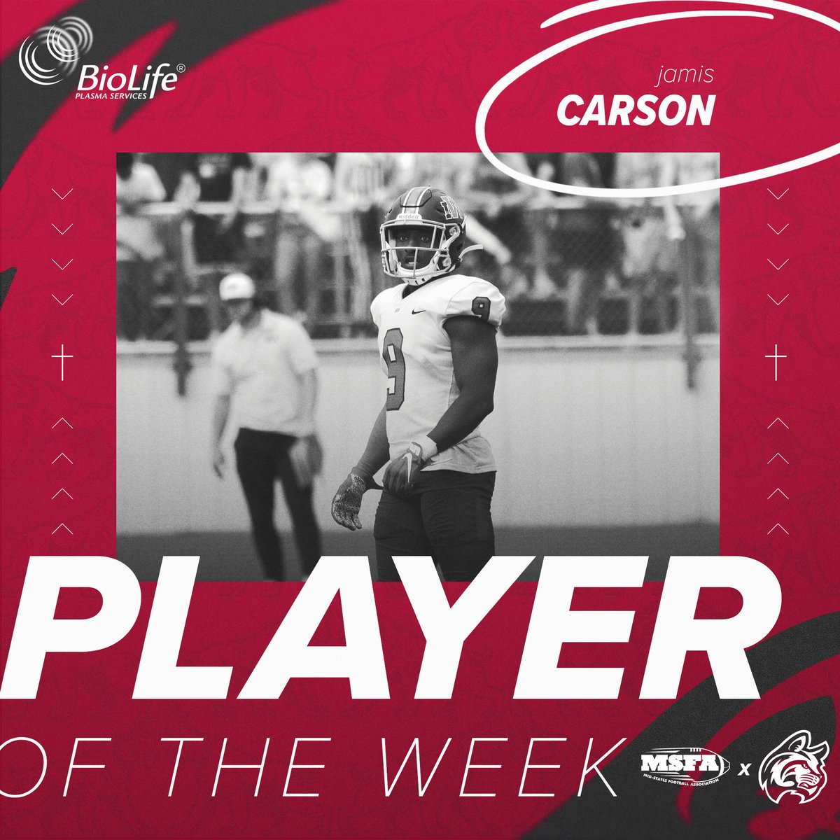 IWUWildcats's tweet photo. Congratulations to Jamis Carson for being named this week's @MidStatesFB Defensive Player of the Week! 😤💪

 📰 https://t.co/ESFFbNxvpP https://t.co/CtZwoMTQ4H