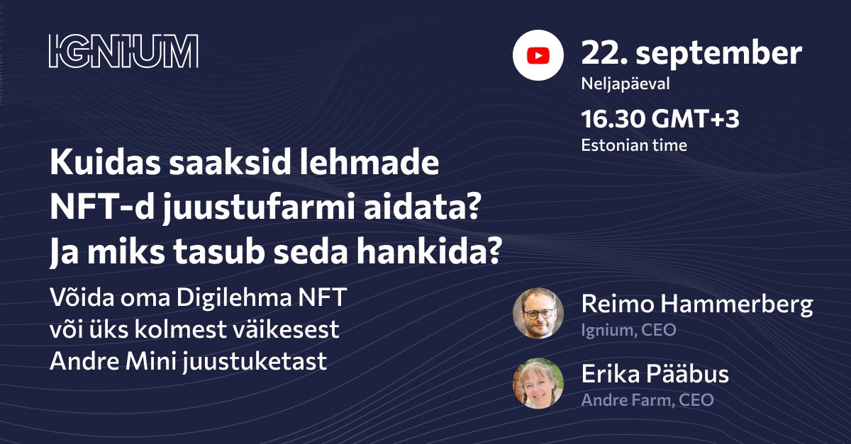 How do cow NFTs help a cheese farm? And why is it worth buying?

🗣 Speakers:
Reimo Hammerberg CEO, Ignium
Erika Pääbus CEO, Andre Farm

Join and win a personal Digital Cow NFT or one of three small Andre Mini cheese balls🧀

eventbrite.com/e/kuidas-saaks…
#NFTCommuntiy #NFTs #web3
