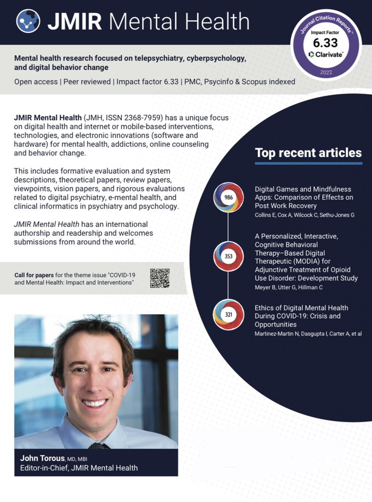 <a href="/TheISRII/">ISRII</a> #ISRII11 Meet <a href="/JMIR_JMH/">JMIR Mental Health</a> EIC <a href="/JohnTorousMD/">John Torous, MD MBI</a> and the <a href="/jmirpub/">JMIR Publications</a> Editorial Director to talk about opportunities for researchers, clinicians, &amp; industry @ 6:15PM Ballroom A #DigitalHealth @pitttweet <a href="/UPMC/">UPMC</a> <a href="/PittHealthSci/">Pitt Health Sciences</a> <a href="/iInterventions/">Internet Interventions</a> #science #research see us for 50% waivers