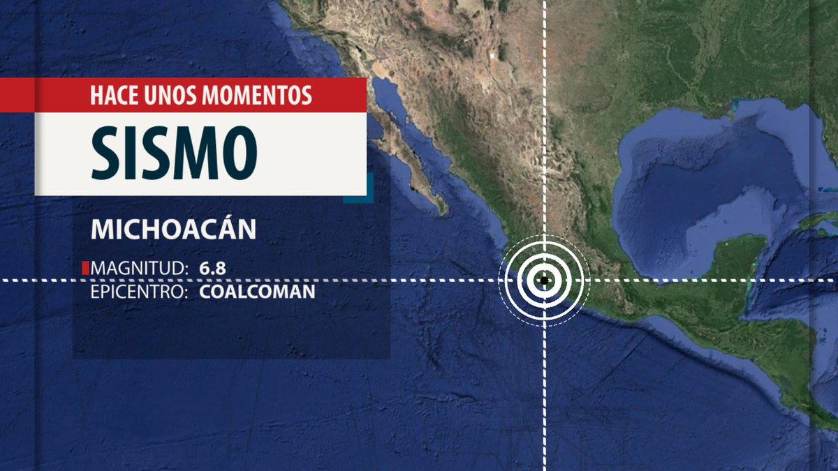 AztecaNoticias's tweet photo. #ÚLTIMAHORA | Se registró un #sismo magnitud preliminar 6.8 con epicentro al sur de Coalcomán, Michoacán. https://t.co/UQYjIB133w