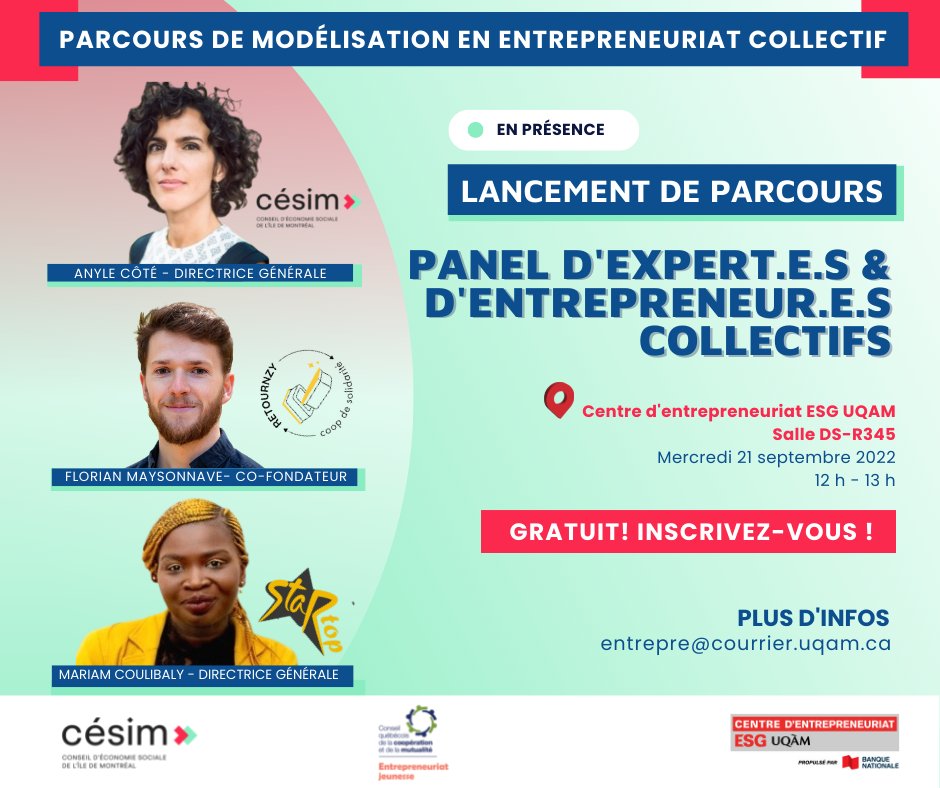 CE_ESG_UQAM's tweet photo. ⏰Parcours Modélisation #EntrepreneuriatCollectif

🚀Lancement du Parcours !COMPLÈTEMENT GRATUIT! présenté par le CEEU en collaboration avec le CESIM et le CQCM avec un Panel d'Experts👩‍🏫

📅21 sept, 12h
📍DS-R345

❓❓❓
👉entrepre@courrier.uqam.ca
#Entrepreneuriat #Démarrage https://t.co/sTzqR5WDHW