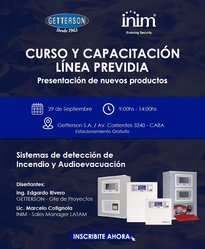 getterson's tweet photo. #GETTERSONARGENTINA CURSO DE CAPACITACIÓN LINEA PREVIDIA EN CABA Y CORDOBA.

Inscribite ahora para conocer lo nuevo en sistemas de detección de
Incendio y Audioevacuación.

LINK INSCRIPCIÓN:

CABA https://t.co/WJICc0jNdc
CORDOBA https://t.co/1h18dcIeTC https://t.co/OE5dy2kXOX