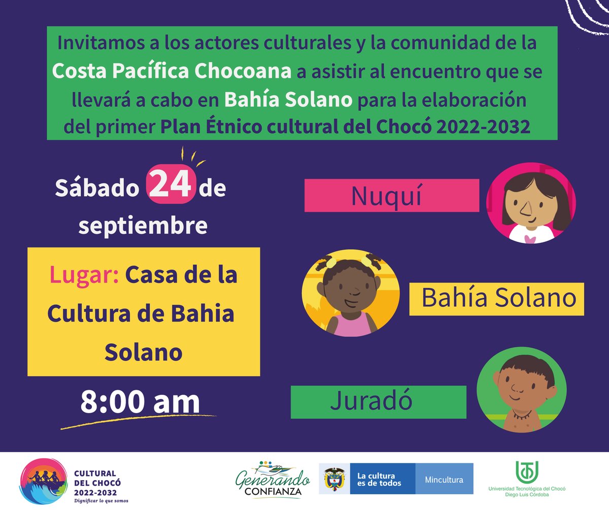 CulturaChoco's tweet photo. ¡Participa del encuentro presencial de la costa pacífica chocoana! Si no puedes asistir de manera presencial participa también contestando la siguiente encuesta
https://t.co/SowyoQSojN
#planetnicocultural #choco #cultura #pacifico #costapacifica #nuqui #bahiasolano #Juradó https://t.co/DvjWdNI7HD