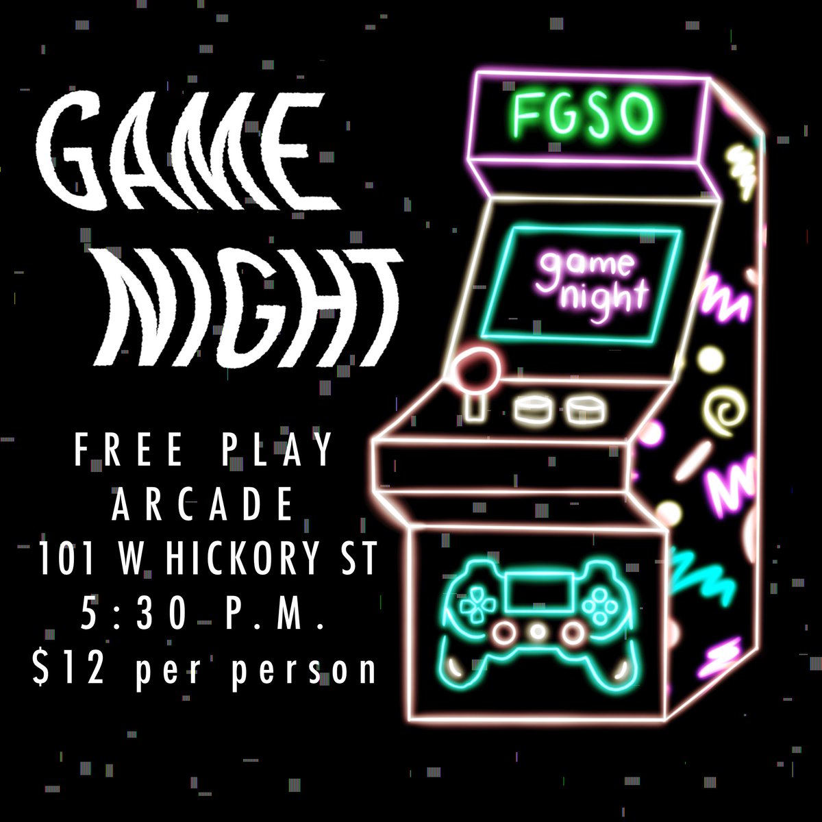 Join FGSO for game night this Thursday, September 22! 🤖 We will be going to Free Play Arcade located at 101 W Hickory St on the Denton Square at 5:30 p.m. 🎮There is a $12 admission fee per person👾