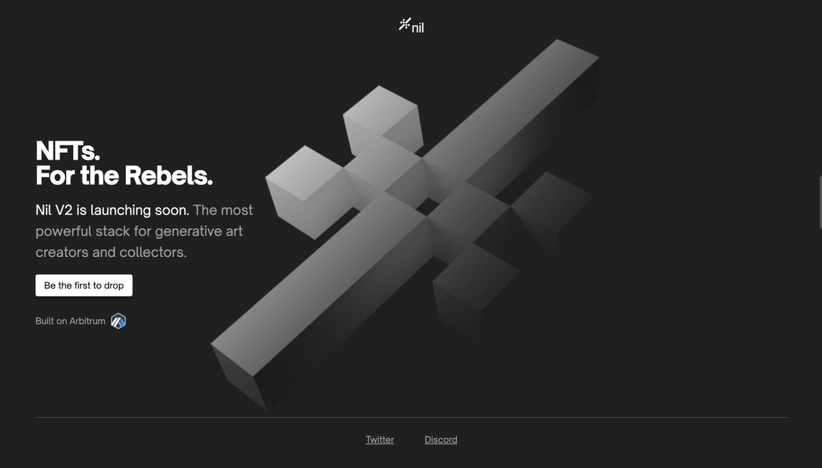 We are thrilled to release the Nil V2 🖤

nil.art 

Nil is a powerful generative-art launchpad designed for the rebels. 

Built on <a href="/arbitrum/">Arbitrum</a>, Nil is the home of those looking to iterate, create and share.  

Let’s deep dive ⬇️
