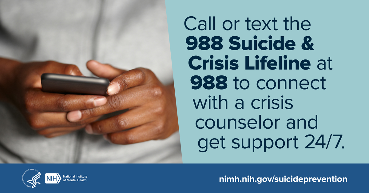 If you’re in crisis, there are options available to help you cope. You can call or text <a href="/988Lifeline/">988 Suicide & Crisis Lifeline</a> at any time to connect with a trained crisis counselor. For confidential support available 24/7 for everyone in the U.S. call or text 988 or chat at 988lifeline.org #SPM22