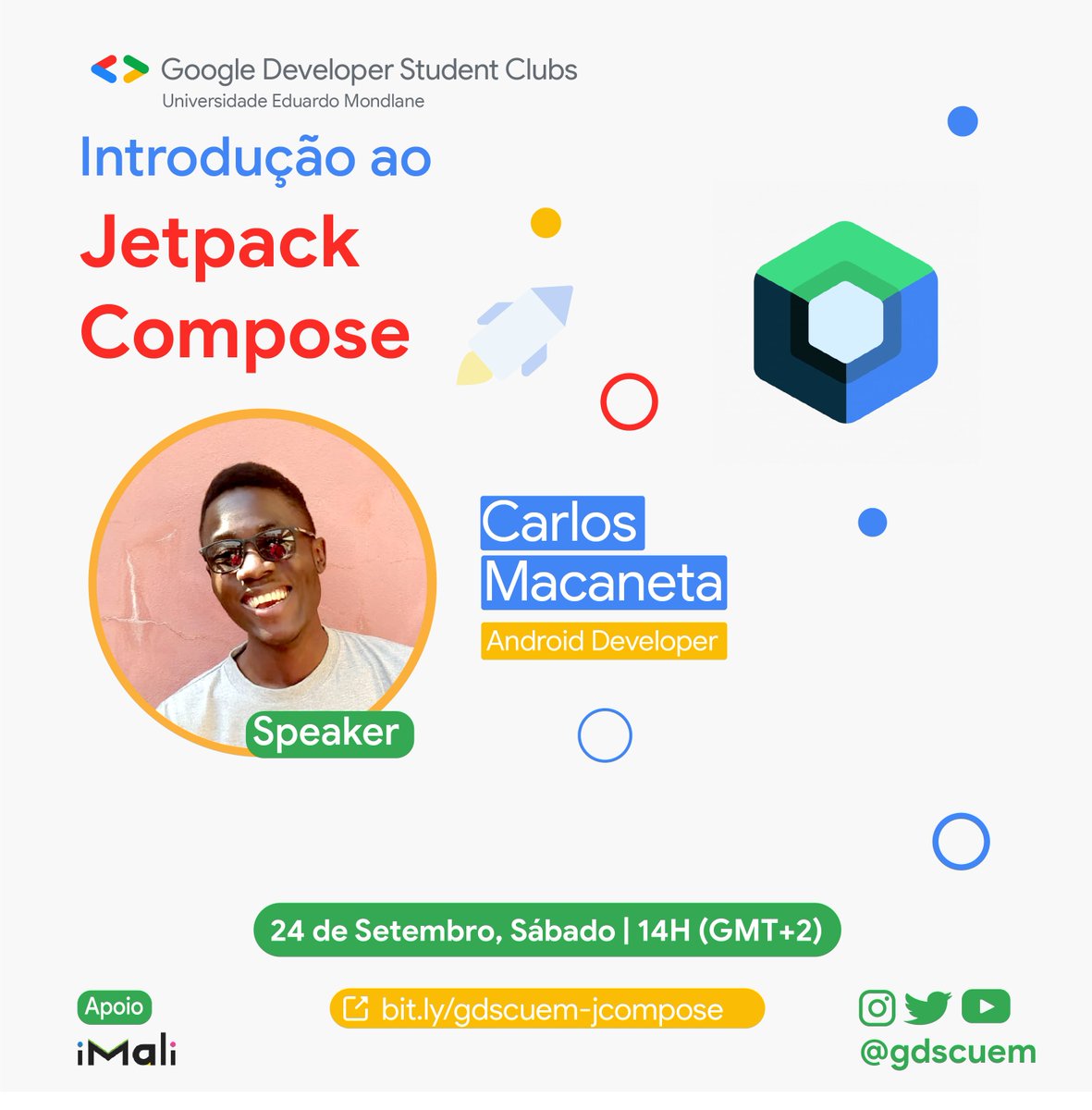 Hey Devz!
A GDSC UEM anuncia o primeiro evento do Chapter 2022-2023 e para o primeiro evento vamos mergulhar no Desenvolvimento Android, onde teremos como tema : Introdução ao Jetpack Compose . 
Participe, registando-se através do link:bit.ly/gdscuem-jcompo…