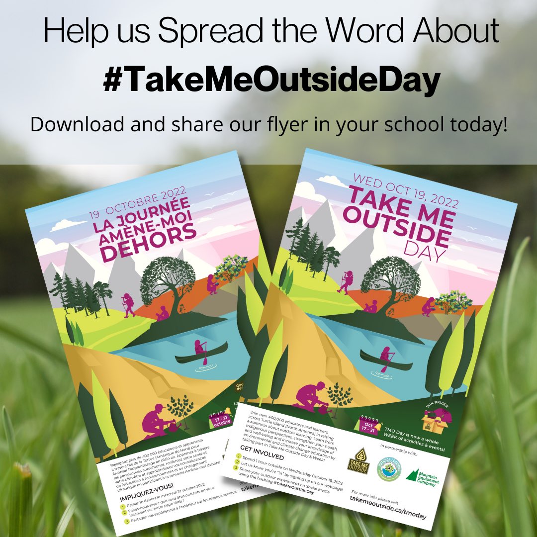 ONLY ONE MONTH UNTIL #TakeMeOutsideDay! 

Help spread the word at your school! Download a copy of the poster on our website and put it up on your school message board or in the staff room to encourage everyone to sign up and participate this year! 

Visit takemeoutside.ca/tmoday/