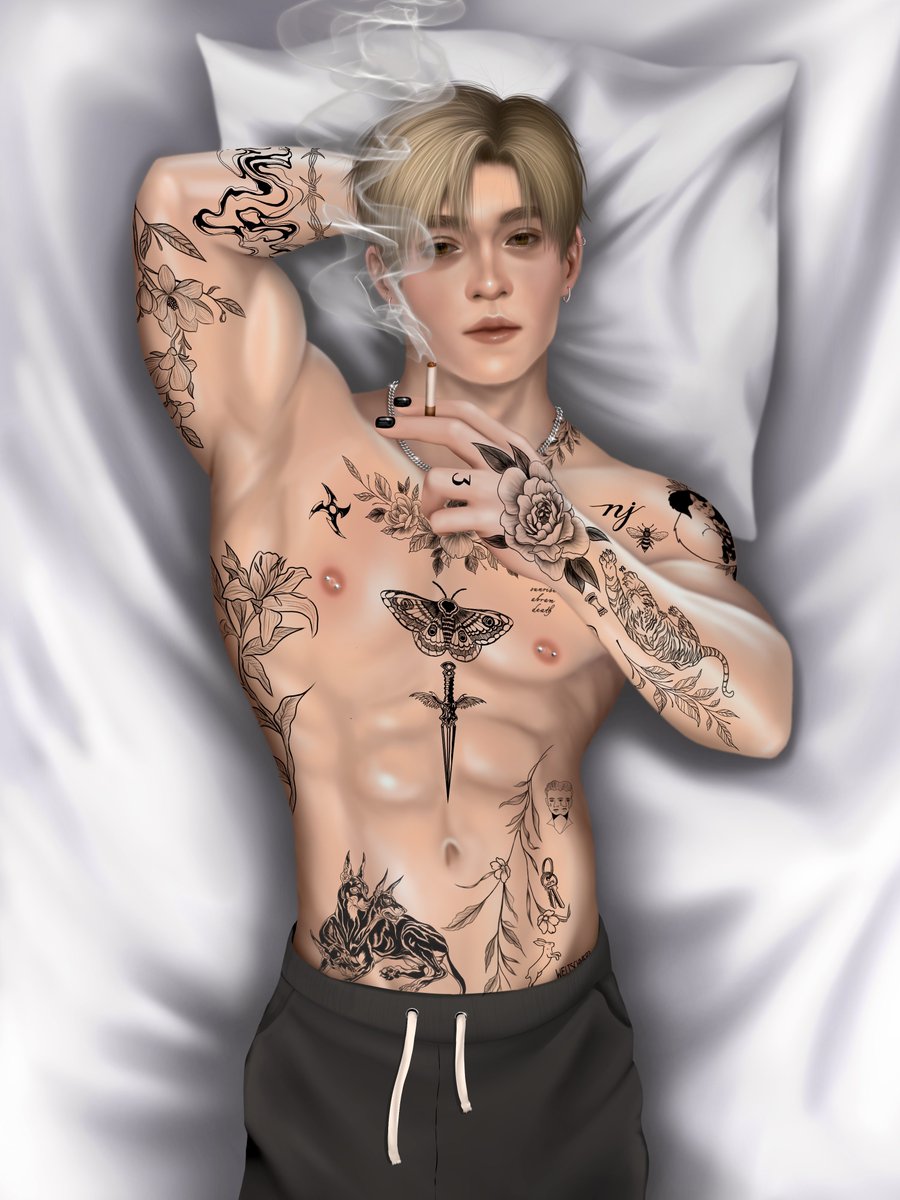 have some tattdrew (tattooed andrew)
—
this was supposed to be anatomy practice but then it kinda escalated 🫣
#andrewminyard #aftg 
CW nudity, scars, smoking