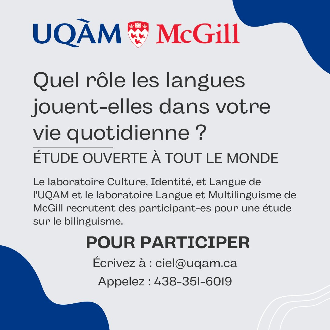 Le Laboratoire CIEL - Culture, Identité et Langue recrute présentement des participant-es habitant au Canada pour une étude sur le bilinguisme. 
Vous pouvez recevoir jusqu'à $75 pour votre participation à l'étude. Écrivez à ciel@uqam.ca #langues #bilinguisme #linguistique