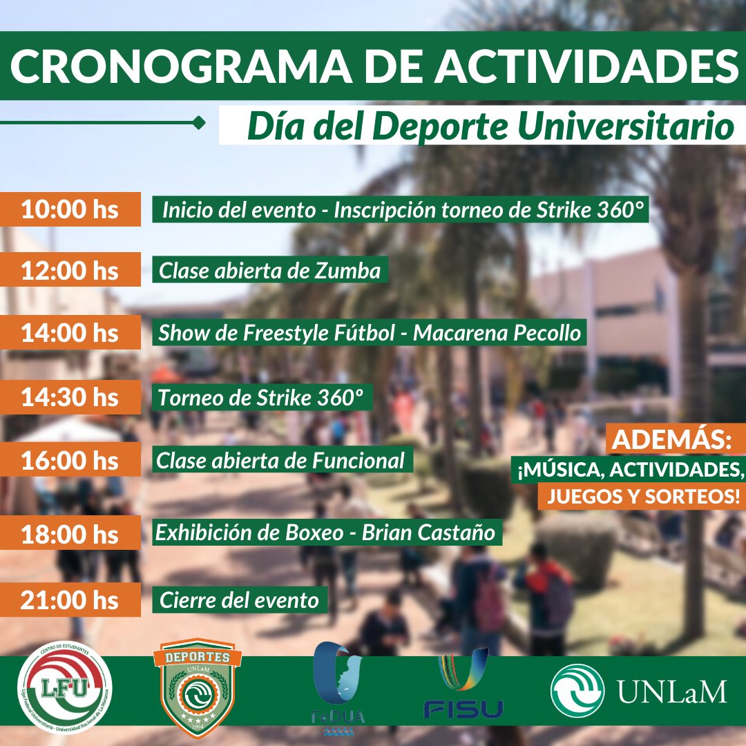 UNLAMDeportes's tweet photo. 🙌🏻 ¡Se acerca el Día del Deporte Universitario! 🙌🏻

📢 Te compartimos el cronograma con todas las actividades que se llevarán a cabo mañana en la UNLaM. ¡Te esperamos! 

‼️ Importante: ¡Vení con ropa cómoda!

#UNLaMDeportes #DeporteUniversitario #IDUS2022 #FISU #FeDUA #LetsIDUS https://t.co/yrEb4AHkaO